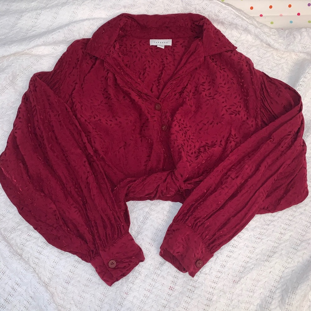 Top Shop maroon tie crop with bell sleeves